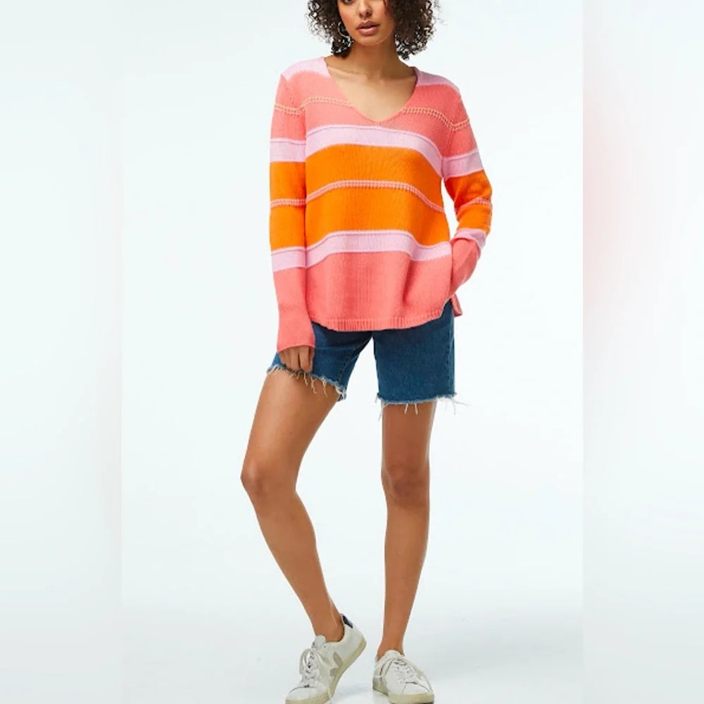 V-Neck Striped Sweater in Coral, Orange & Pink